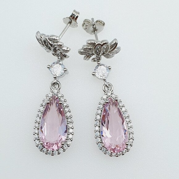 🔥 925 Silver Pear Cut Flower Shaped Pink Earrings for Women, FB16FA1040 - Picture 2 of 2